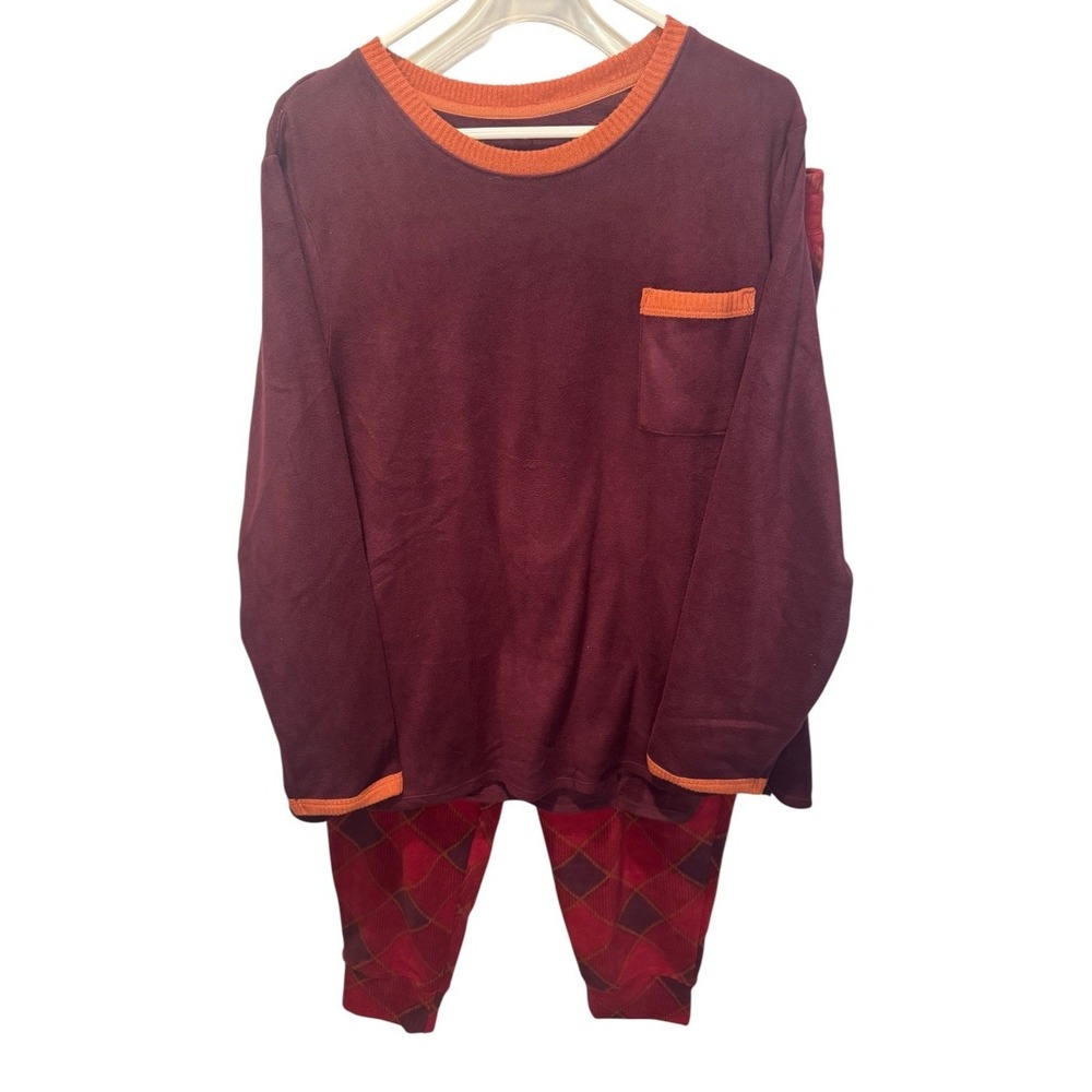 Cuddl Duds Womens Burgundy Red Pajama Set Fleece Plaid Pocket 1X NEW Cozy